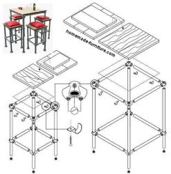 Construction drawing, plan to make a barstool and high bar tables from repurposed scaffolding.