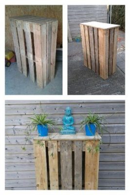 Vertical planks from pallets were used to make these high tables for outside at a garden bar.