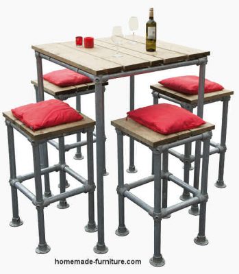Table and stools made from repurposed scaffolding.