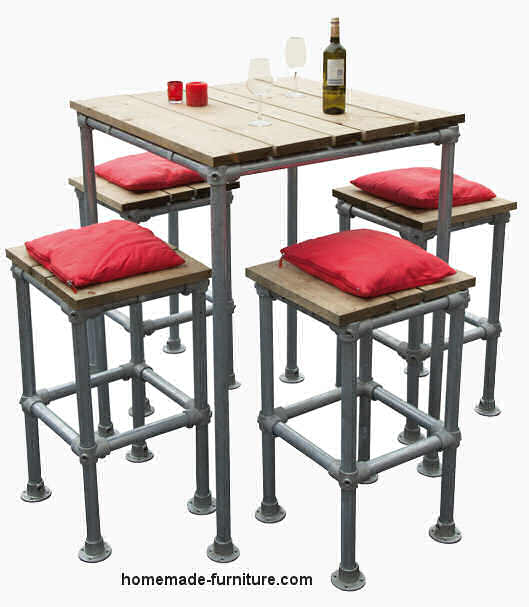 Barstool and table plans for reclaimed wood and scaffolding tubes.