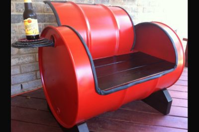 Designer bench made from a recycled oil barrel.