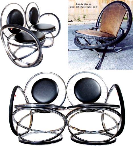 Bicycles reclaimed repurposed and recycled as furniture.