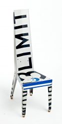 Repurposed street signs as high chair, recycling art.