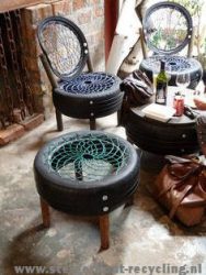 Chairs and side table made from repurposed tires.