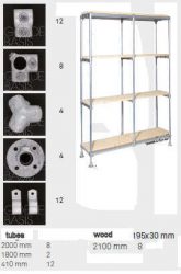 Parts list for assembly of a storage unit from scaffolding tubes and planks.