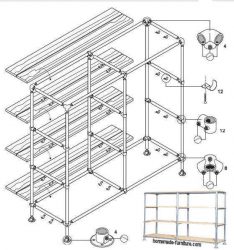 Storage rack from metal pipes with wooden shelves.