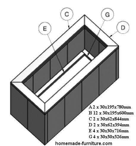 Home made wooden planter construction drawings and woodworking plan.