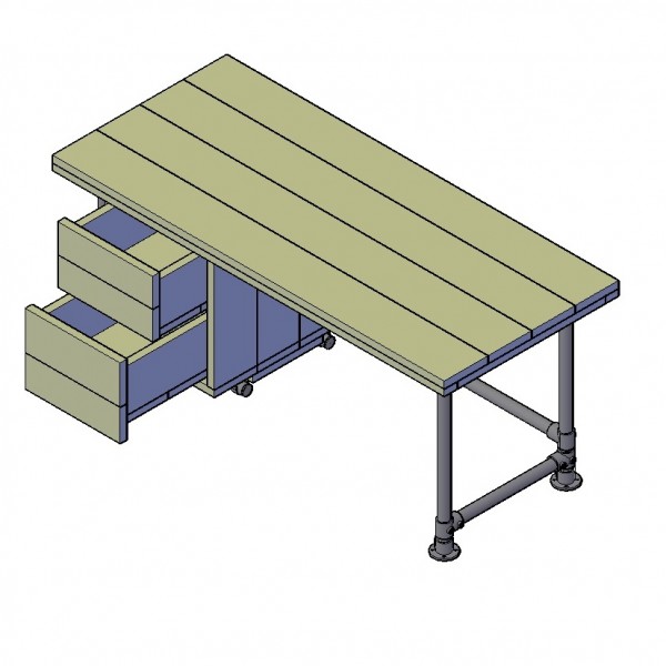 Office furniture from reclaimed scaffolding, desk with drawers.