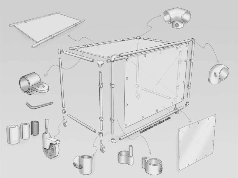 Construction drawing, building plan to make a DJ booth from scaffolding pipes on wheels.