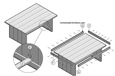 Detailed construction drawing how to make a farmhouse table from reclaimed scaffold planks.