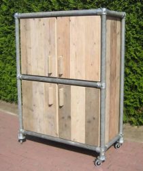 Storage unit made from repurposed scaffold planks and tubes with connectors from scaffolding.
