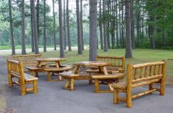 Picnictable and benches made from branches with use of a pointed dowel spoke cutter.