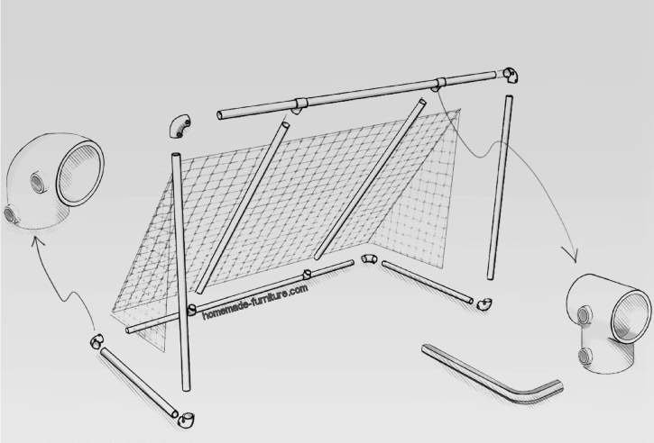 Goal for soccer and hockey, diy construction with scaffolding pipes and tube clamps.