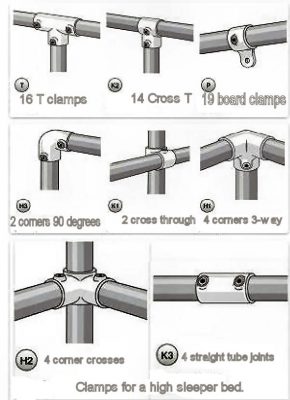 All tube connectors that are needed to make a loft bed from scaffold tubes.