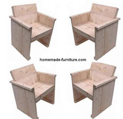 Homemade wooden chairs seen from different angles.