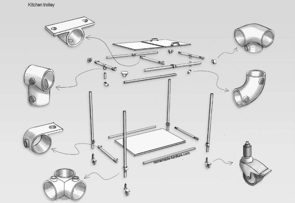 Kitchen trolley construction drawing for scaffolding tubes and tubeclamps.