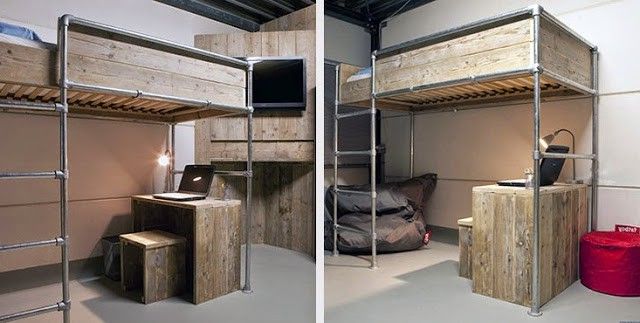 Loft bed for children, made from scaffold tubes.