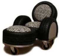 Lounge chair on wheels, made from recycled car tires.