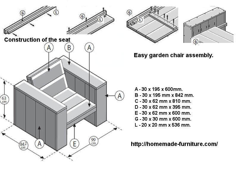 Seat assembly for a wood garden chair.