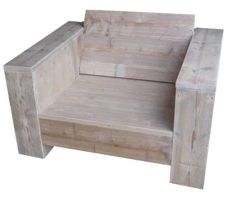 White wash lounge chair made of scaffold planks.