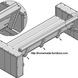 Lounge garden bench made of scaffold planks and last assembly of back and seat.