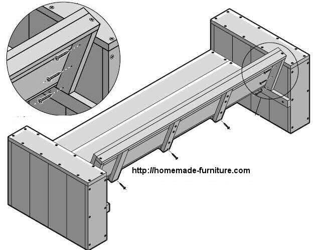 Lounge garden bench made of scaffold planks, last assembly of back and seat.