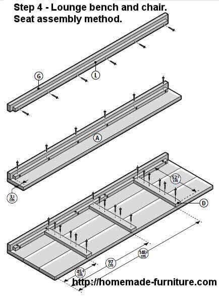 Home made lounge furniture – bench and garden chairs assembly.