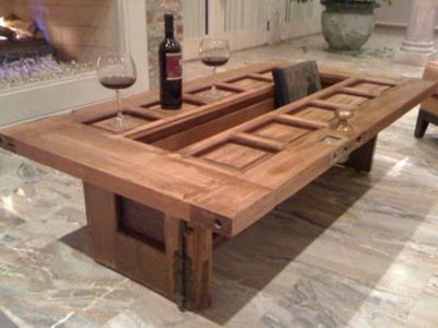 Smart design farmhouse table in lounge style, made from old doors.