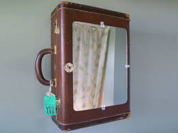 Recycled suitcase in use as a medicine cabinet in the bathroom.