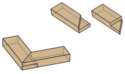 Mitered lap joint connection method for joinery in wooden constructions.