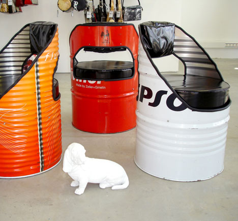 Oil vats repurposed into chairs.