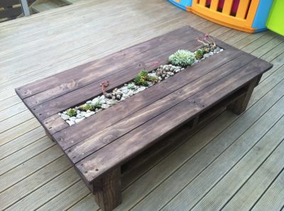 Table made from pallets, with planter integrated in the tabletop.