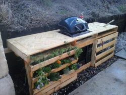 Pallets are used to make this outside kitchen with integrated planters for herbs.