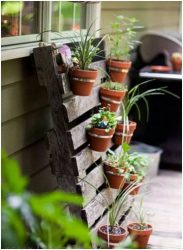 Hanging plant pots suspended on a vertical pallet.