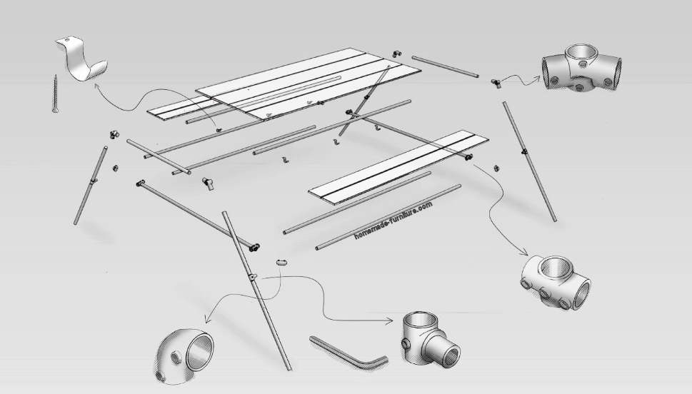 Construction plan, drawing for a picnic table made from scaffolding pipes.