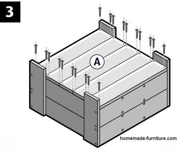 Sideview and bottom part plan for a square wooden planter box.