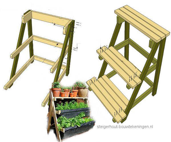 Multi level cascading planter rack woodworking plan.