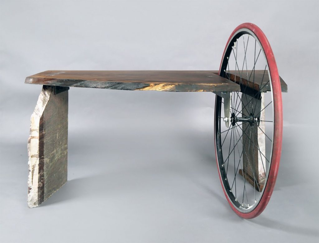 Example of re -cycling of otherwise worthless reclaimed materials into artsy furniture.