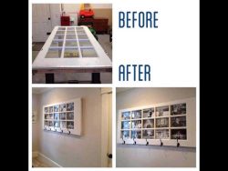 How to use an old door to make a large frame for many pictures on the wall.
