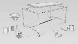 Rolling table design for repurposed scaffolding tubes and reclaimed wood.