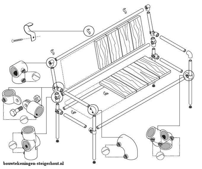 Tube bench plan to make benches from scaffolding tubes.