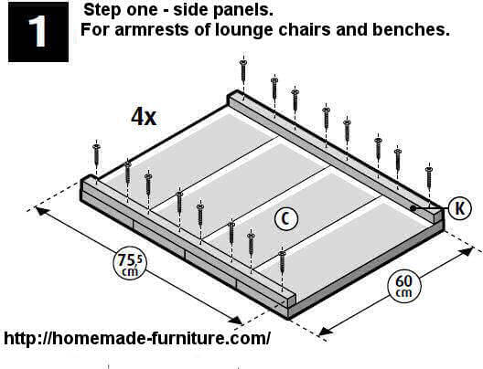 Wooden side panels construction plan for a homemade lounge bench and chair.