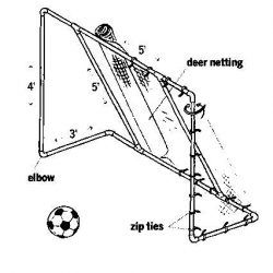 Homemade soccer goal with tubes from scaffolding and pipe clamps.