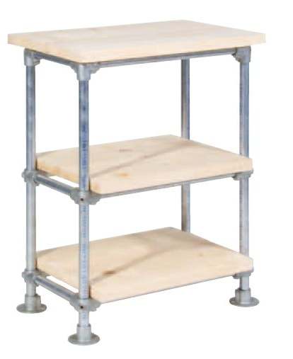 Three shelves on a kitchen table frame made with scaffold pipes.