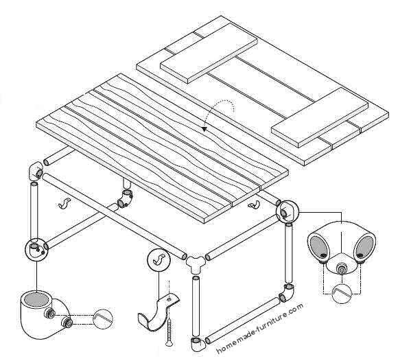 Tube table construction drawings and how to build furniture with repurposed scaffold materials.