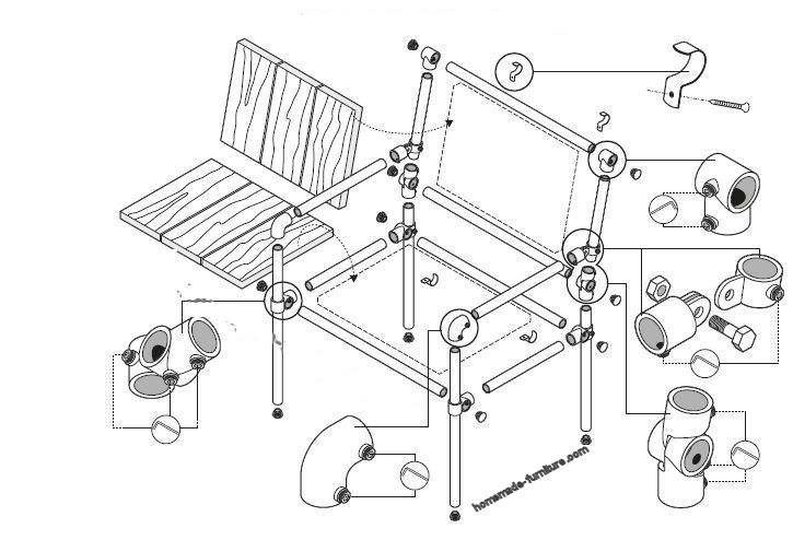 Construction drawing for the assembly of a chair with scaffold pipes and a couple of reclaimed planks.