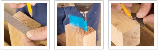 Woodworking joints, drilling holes for dowels to the exact depth.