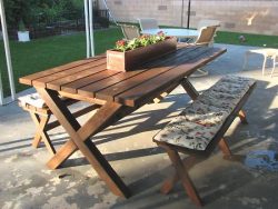 X frame picnic table and benches.